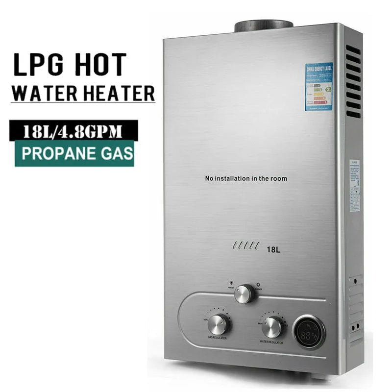 18L Hot Water Heater Propane Gas LPG/LNG On-Demand Tankless Water Heater Digital Home Bathroom Shower Head Instant Boil