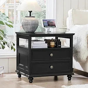Farmhouse Nightstand with Charging Station, 24 Wide End Table with 2 Drawers, Natural dresser