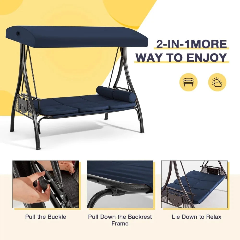 3 Person Outdoor Porch Swing With Cup Holder Canopy