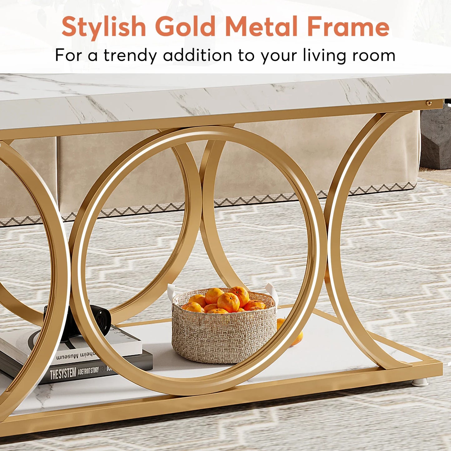 Tribesigns Rectangle Coffee Table 2 Tier Faux Marble Wood