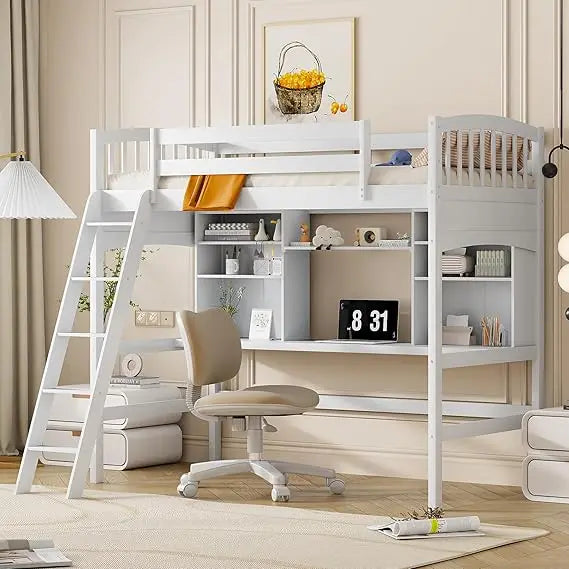 white twin size solid wood loft bed with desk and shelves - bedroom furniture by harper & bright designs