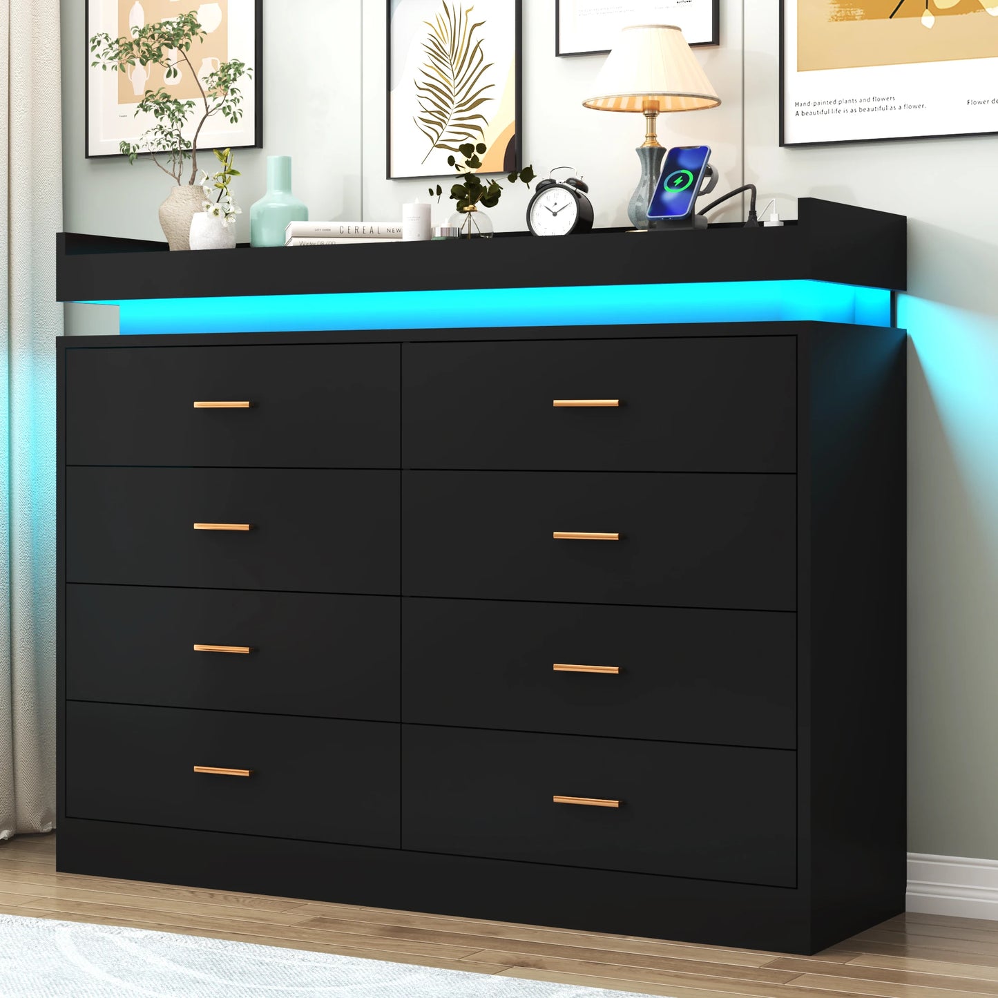 8 Drawer Dresser With LED Light Modern Chest Of Drawers Bedroom