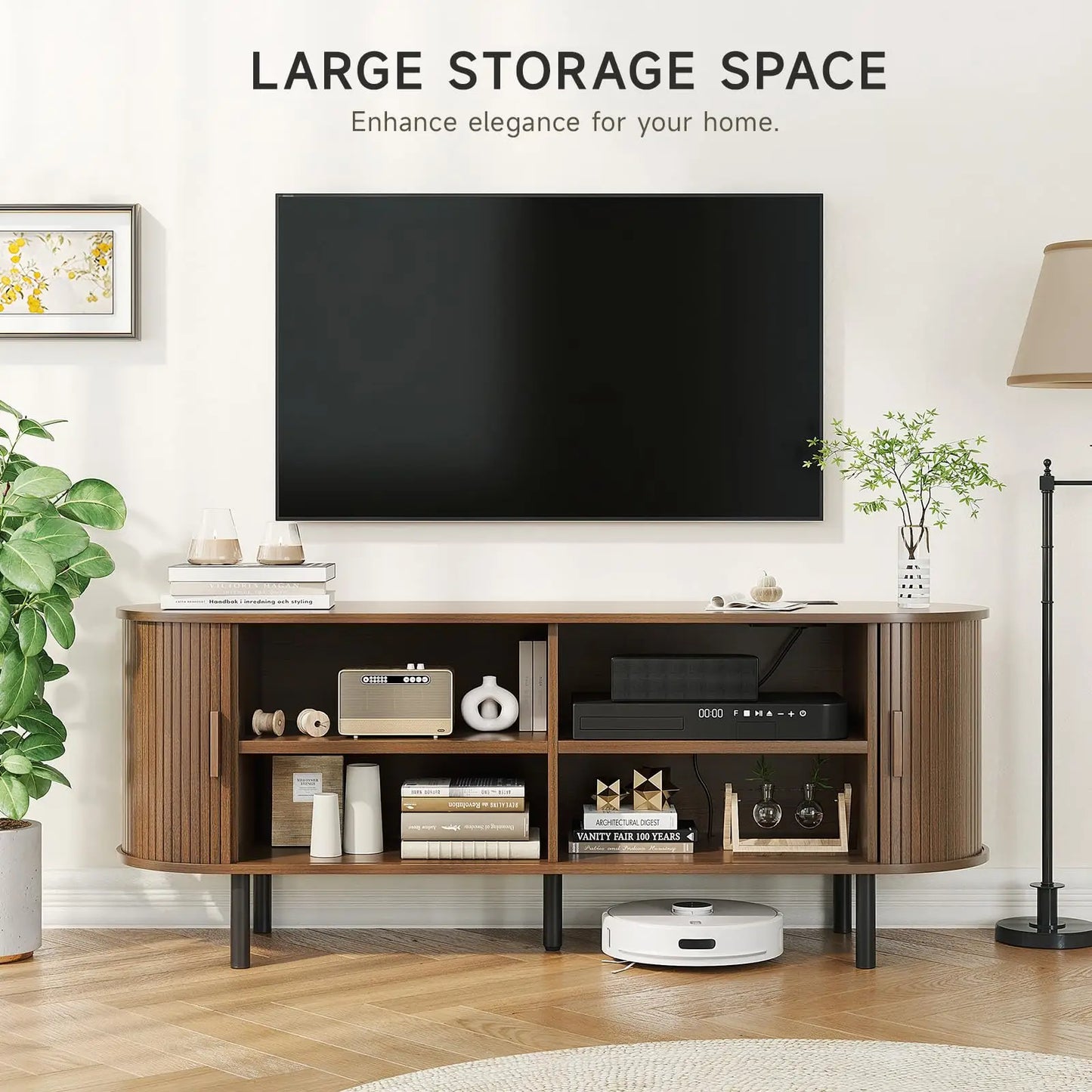 Walnut TV Stand With Power Outlet And Sliding Doors