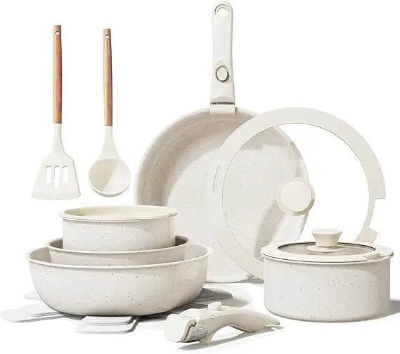 17-Piece Healthy Ceramic Nonstick Cookware Set with Removable Handles, Suitable for Induction and RV Kitchen Use, Stain Resistan