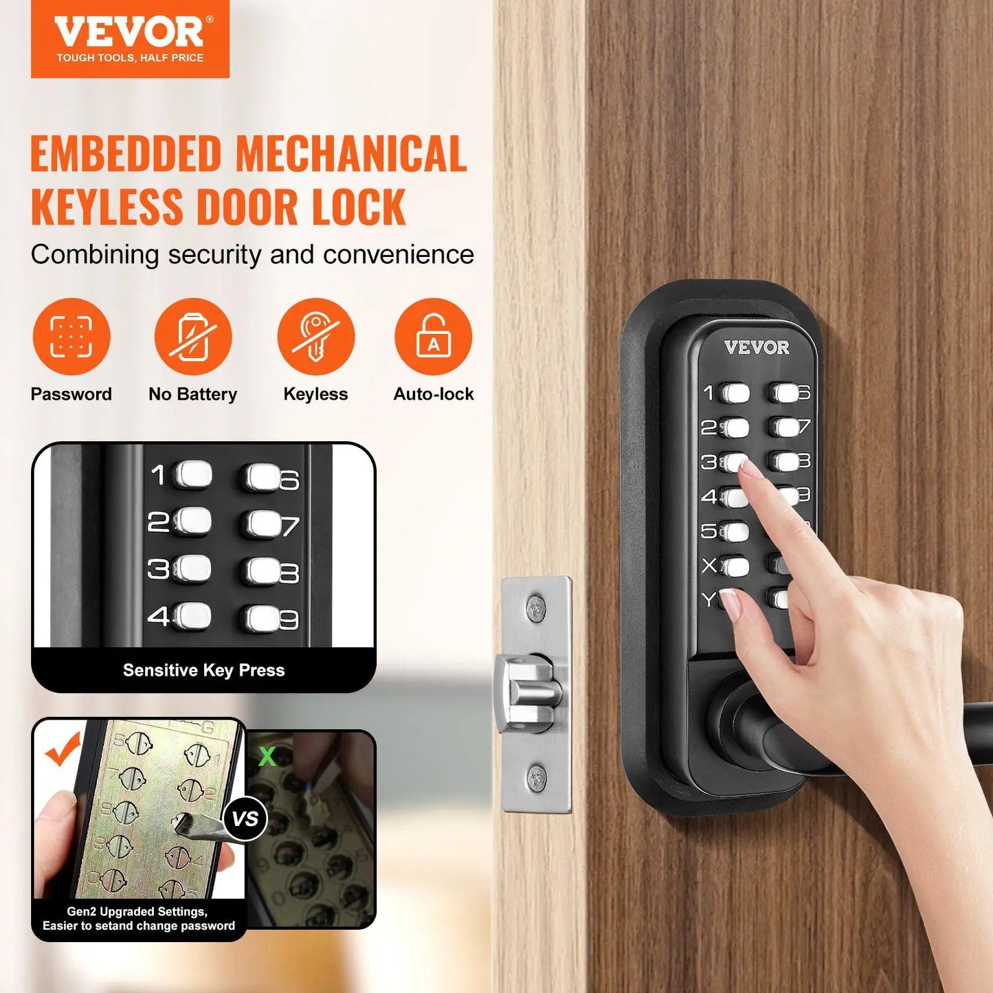Mechanical Keyless Entry Door Lock, 14 Digit Keypad, Embedded Outdoor Gate Door Locks Set with Keypad and Handle, Water-proof Z
