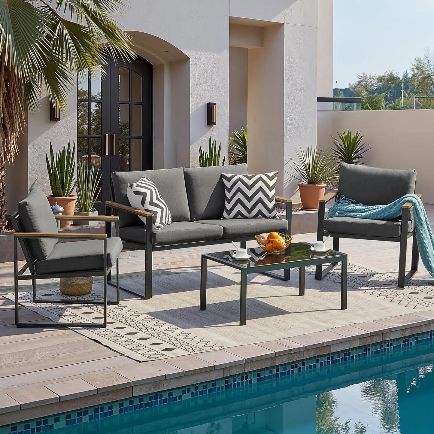 4 Pieces Patio Furniture Sets,Metal Outdoor Patio Furniture Sets,Outdoor Sectional Patio Conversation