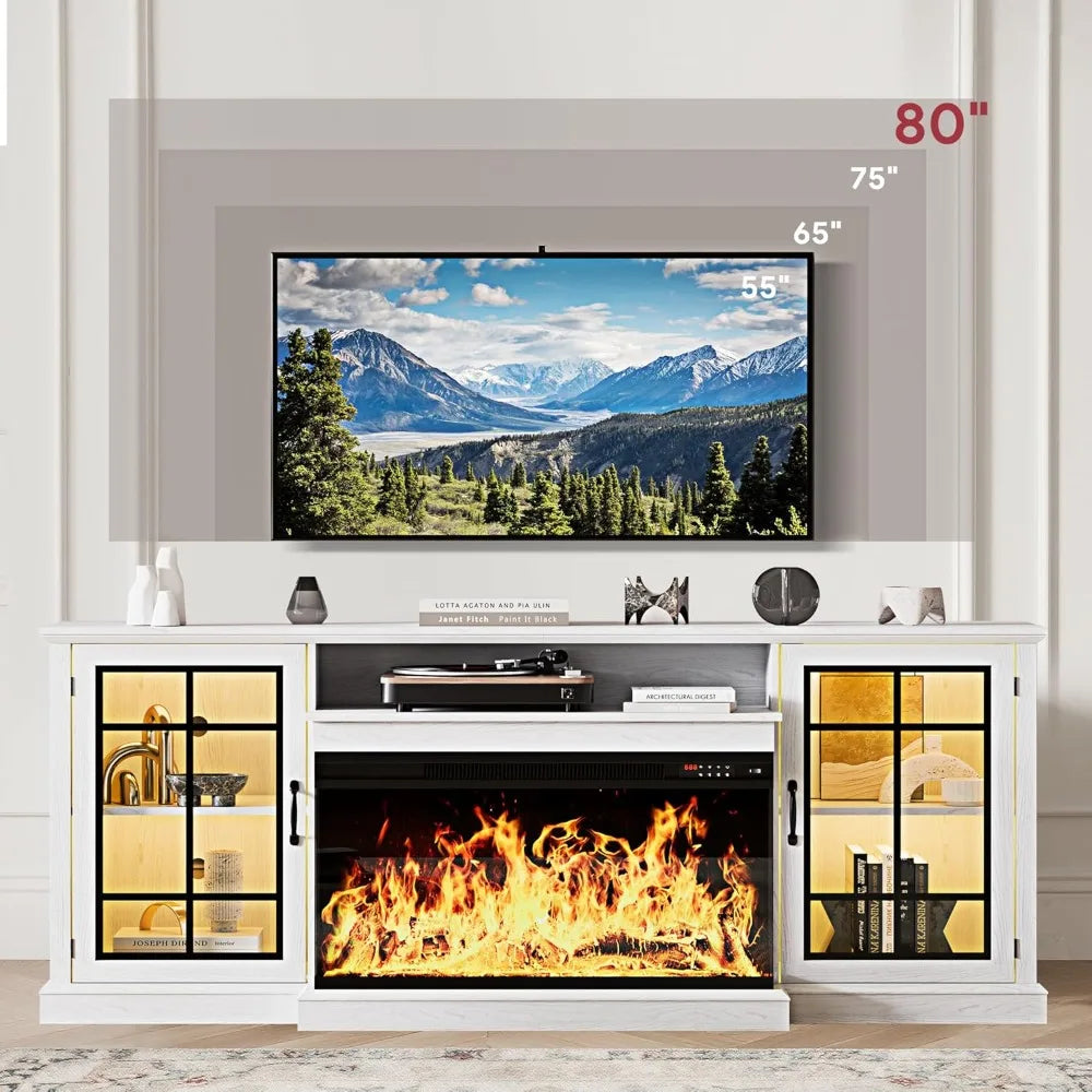 70'' Fireplace TV Stand, Farmhouse Entertainment Center with 3 Sided Glass TV Stand, Modern Media Console Table