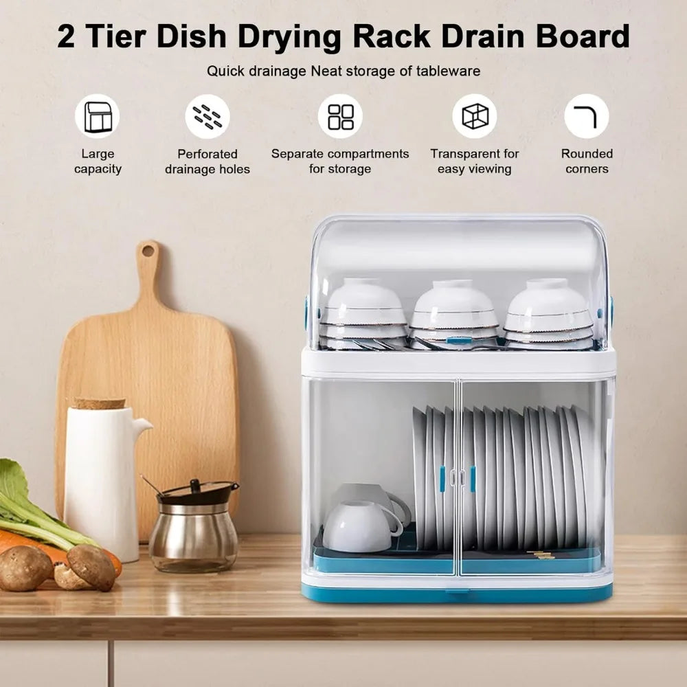 2 Layer Dish Drying Rack With Cover Drip Tray For Kitchen