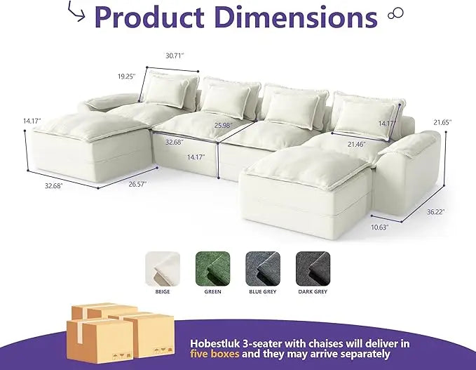 152" Cloud Modular Sectional – U-Shaped 4-Seater Couch with Ottomans, Deep Seat