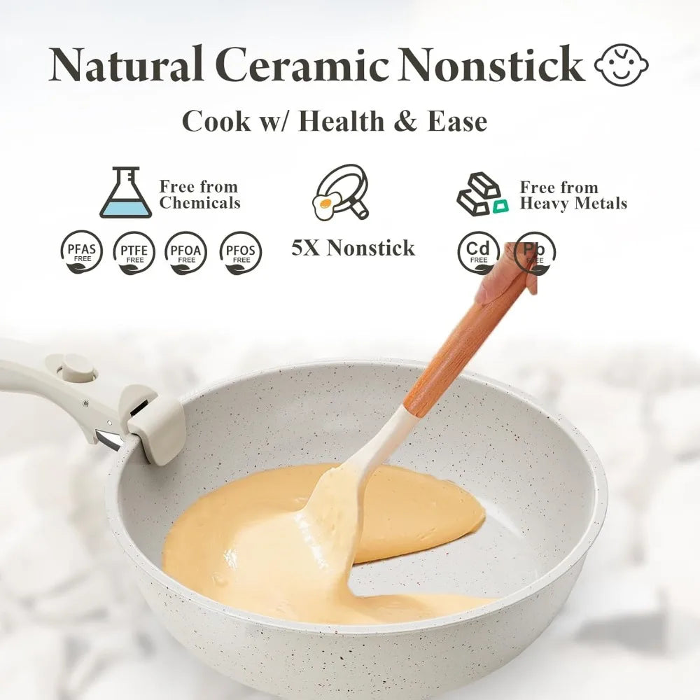 17-Piece Healthy Ceramic Nonstick Cookware Set with Removable Handles, Suitable for Induction and RV Kitchen Use, Stain Resistan