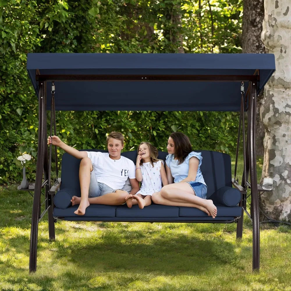 3 Person Outdoor Porch Swing With Cup Holder Canopy