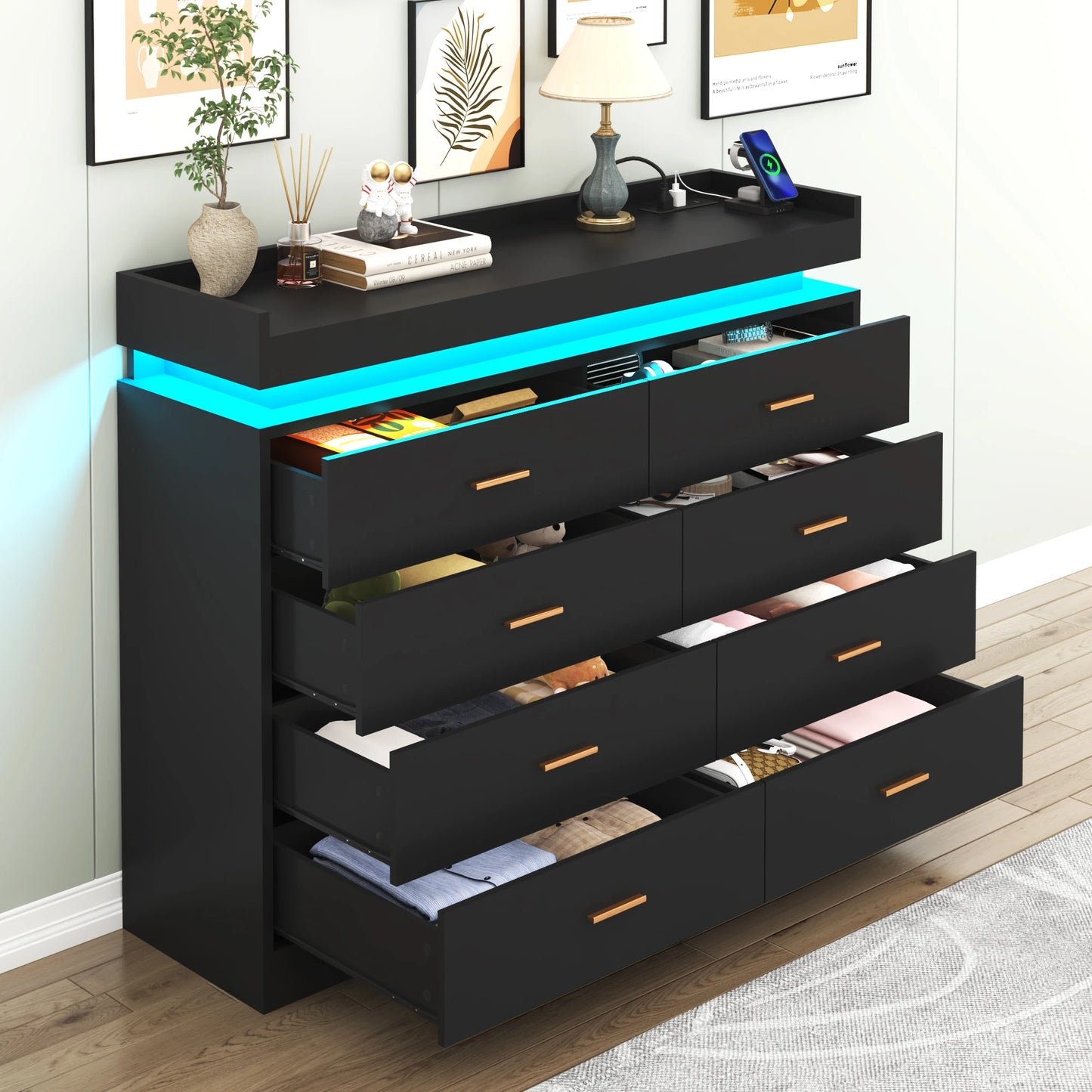 8 Drawer Dresser With LED Light Modern Chest Of Drawers Bedroom