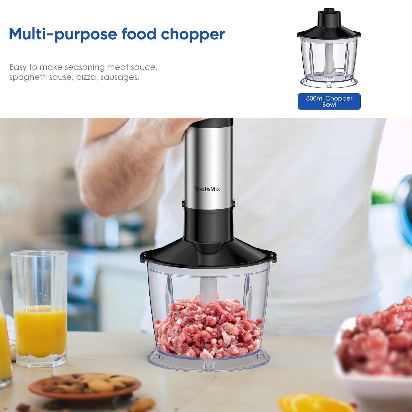 BioloMix 5 in 1 Immersion Hand Blender,1500W Blender with 304 Stainless Steel Blade, Food Processor, Smoothies