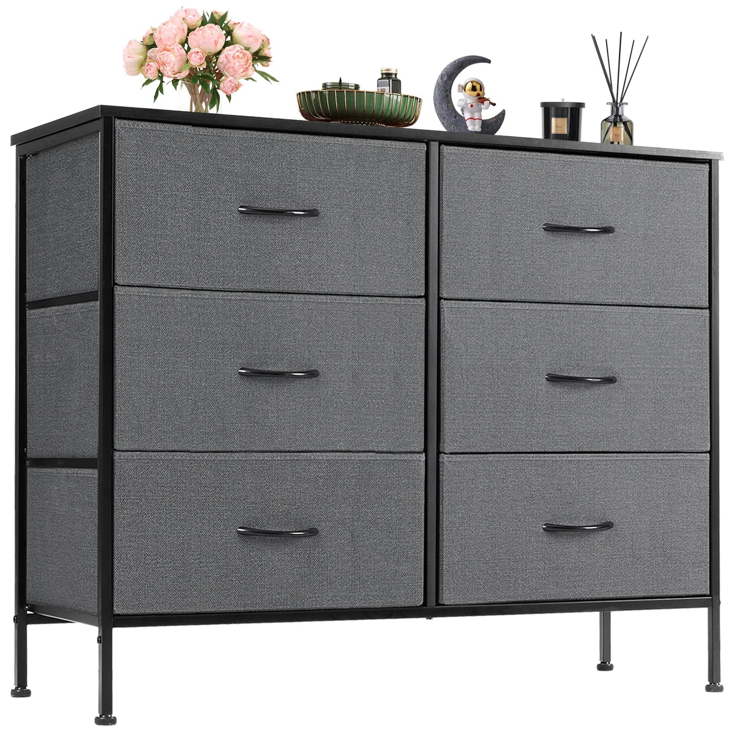 JHK 6 Fabric Drawers Nightstand For Bedroom Bedside Sofa Table With Storage