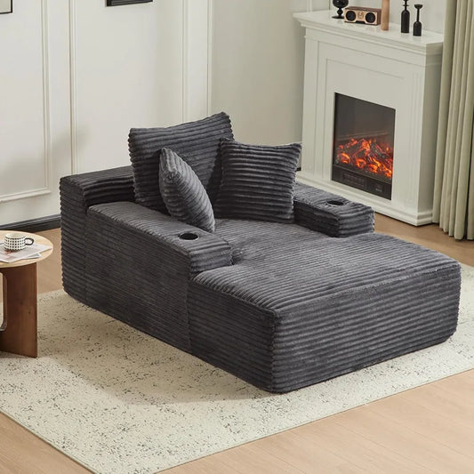 66" Oversized Chaise Lounge Sofa Chair Indoor, Modern Corduroy Single Sleeper Couch Chair with 3 Soft Pillows