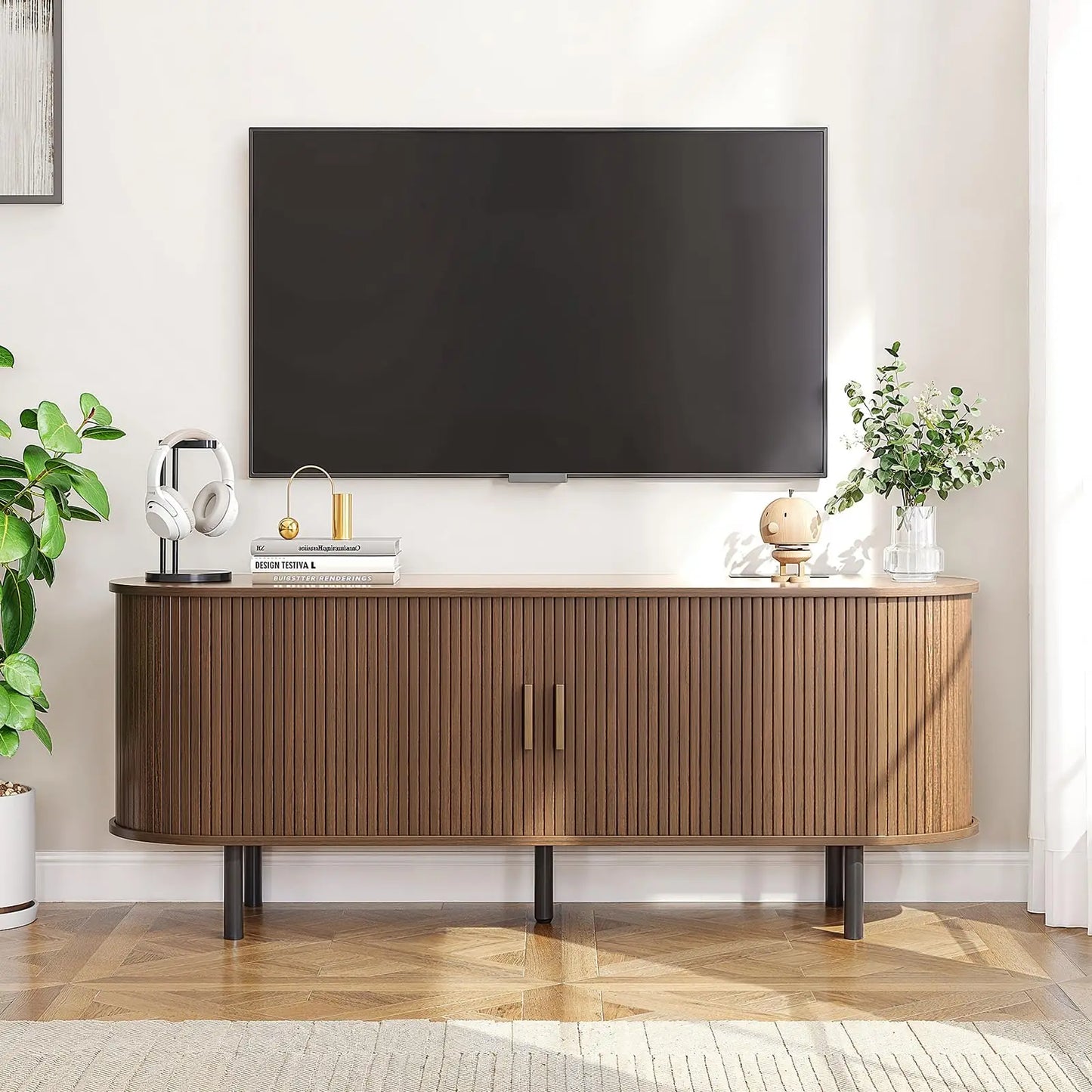Walnut TV Stand With Power Outlet And Sliding Doors