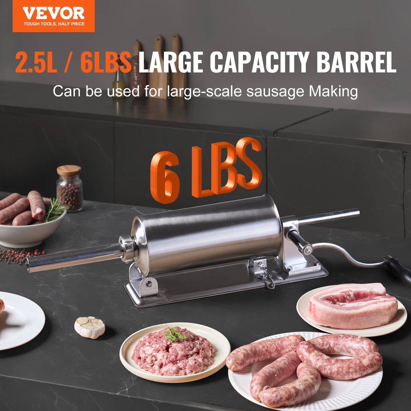 VEVOR 2.5L Manual Sausage Stuffer Made of Food-Grade Stainless Steel & 8 Stuffing Tubes for Home Kitchen Restaurant Commercial