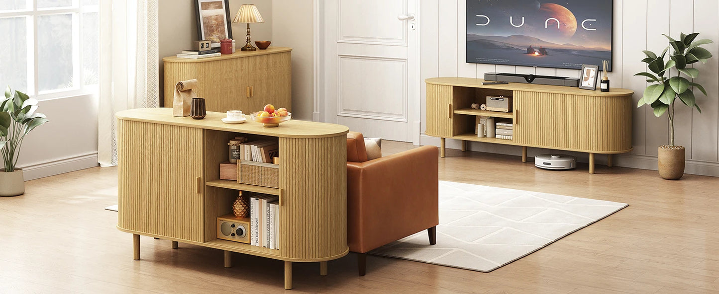 Walnut TV Stand With Power Outlet And Sliding Doors