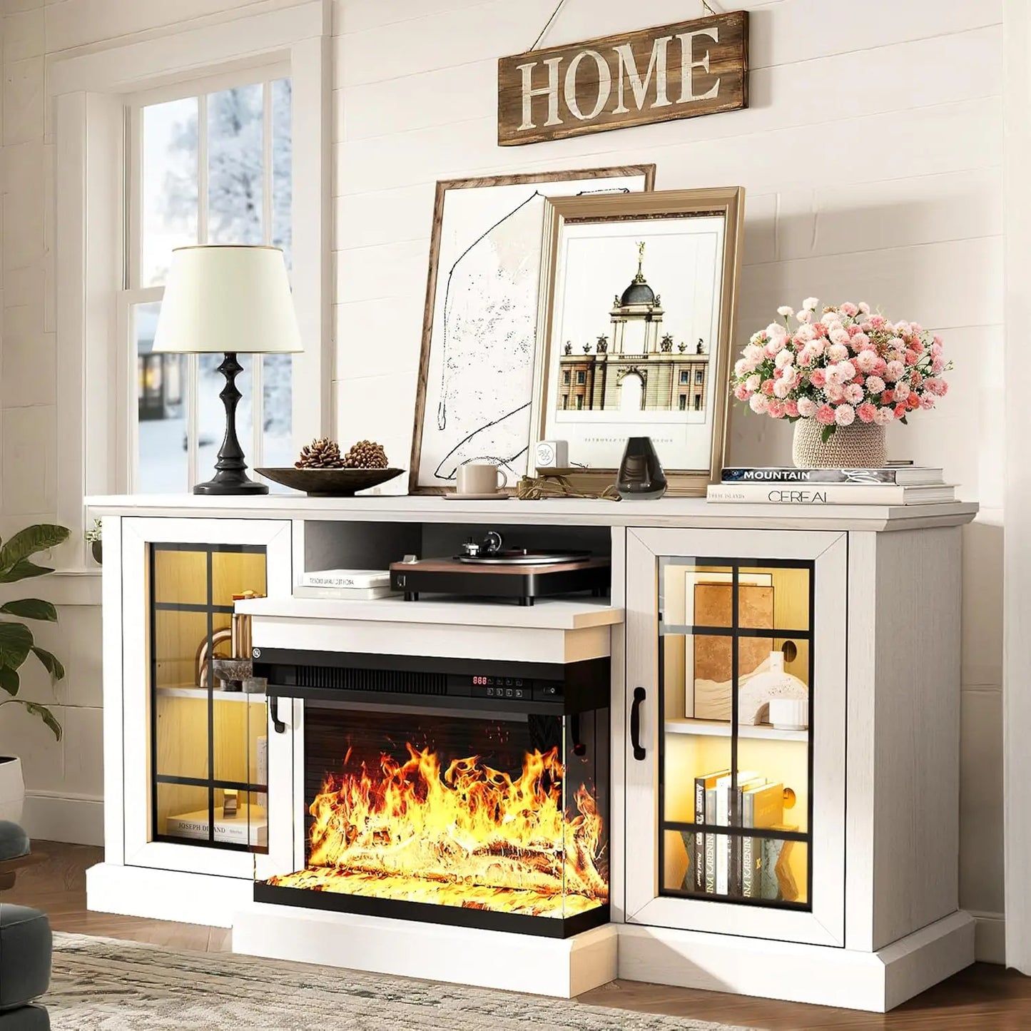 70'' Fireplace TV Stand, Farmhouse Entertainment Center with 3 Sided Glass TV Stand, Modern Media Console Table