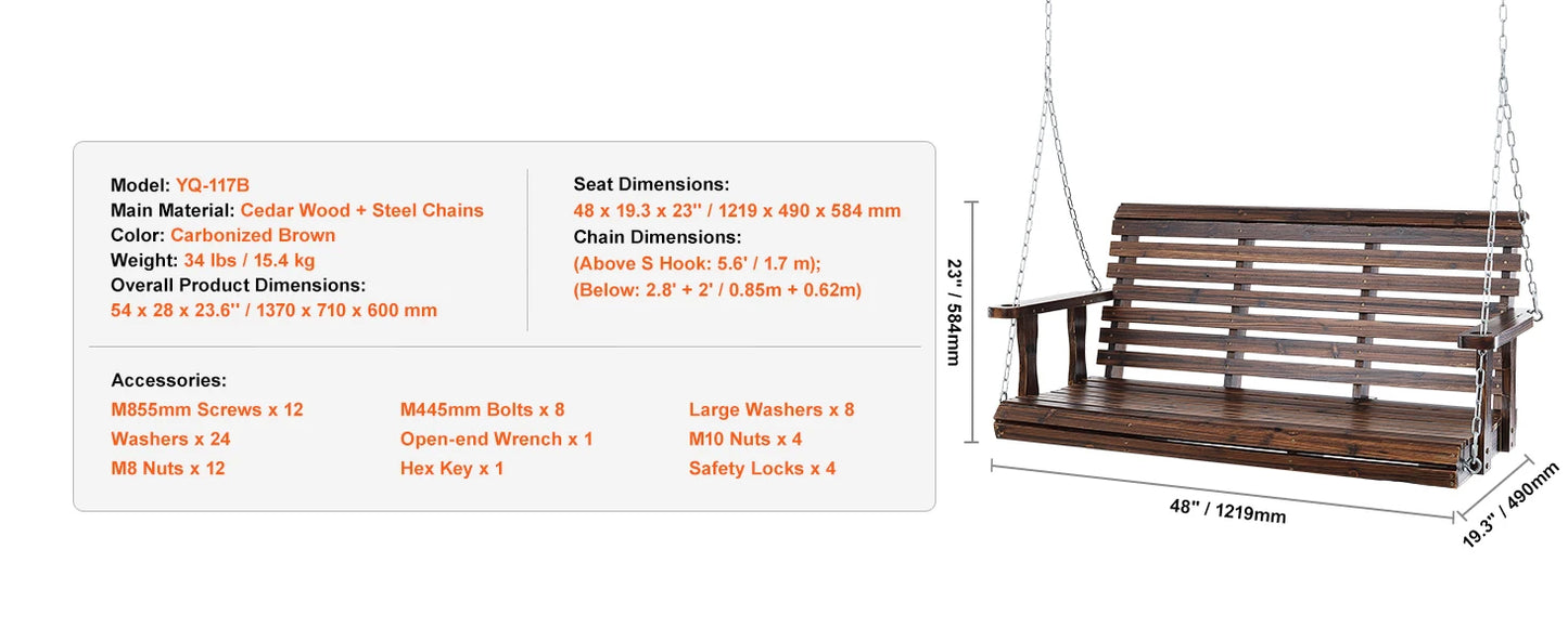 SucceBuy Wooden Porch Swing 5 ft Patio bench swing for Courtyard Garden Upgraded 880 lbs Strong Load Capacity Swing Chair Bench