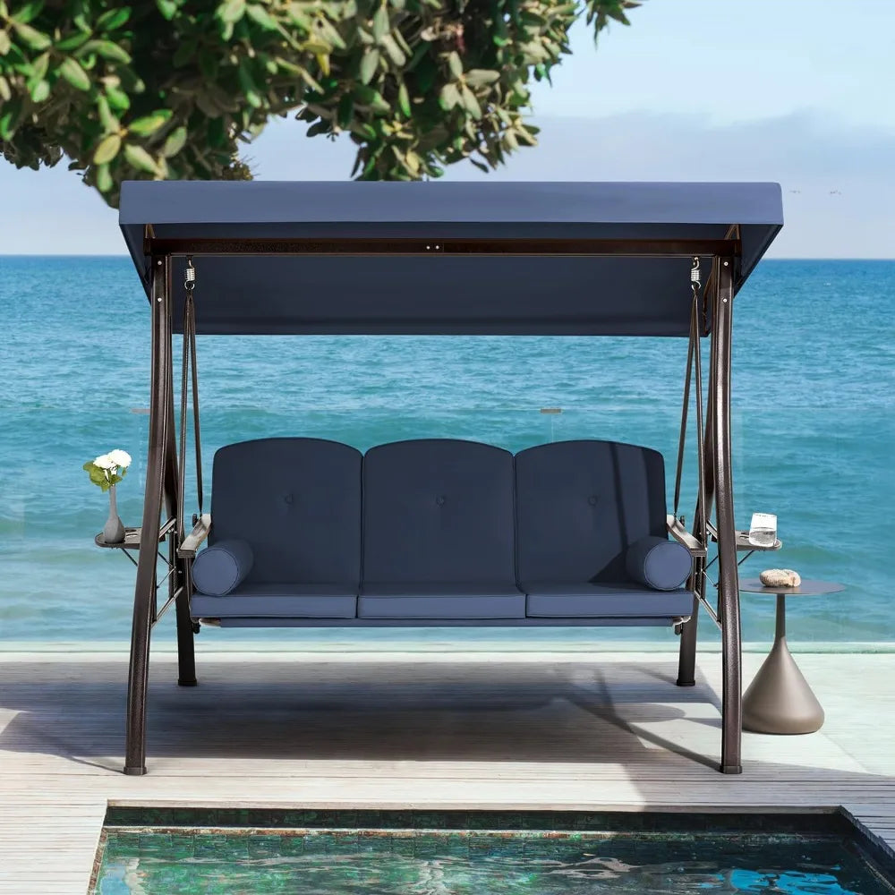3 Person Outdoor Porch Swing With Cup Holder Canopy