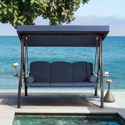 3 Person Outdoor Porch Swing With Cup Holder Canopy