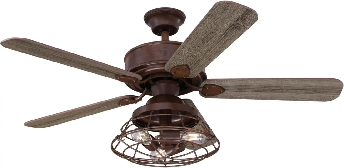 "Barnett 48-Inch Barnwood LED Ceiling Fan Light Kit with Dimmable Cage Shade and Remote Control"
