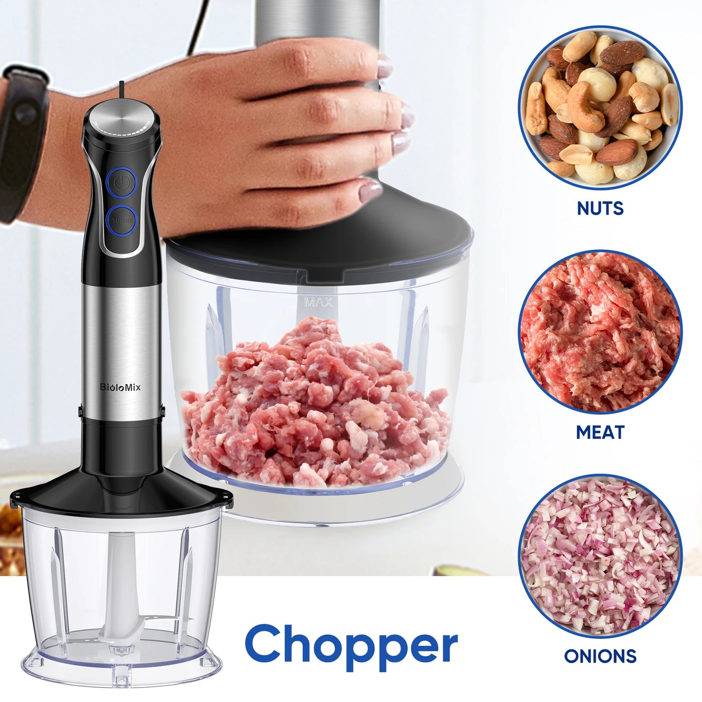 BioloMix 5 in 1 Immersion Hand Blender,1500W Blender with 304 Stainless Steel Blade, Food Processor, Smoothies