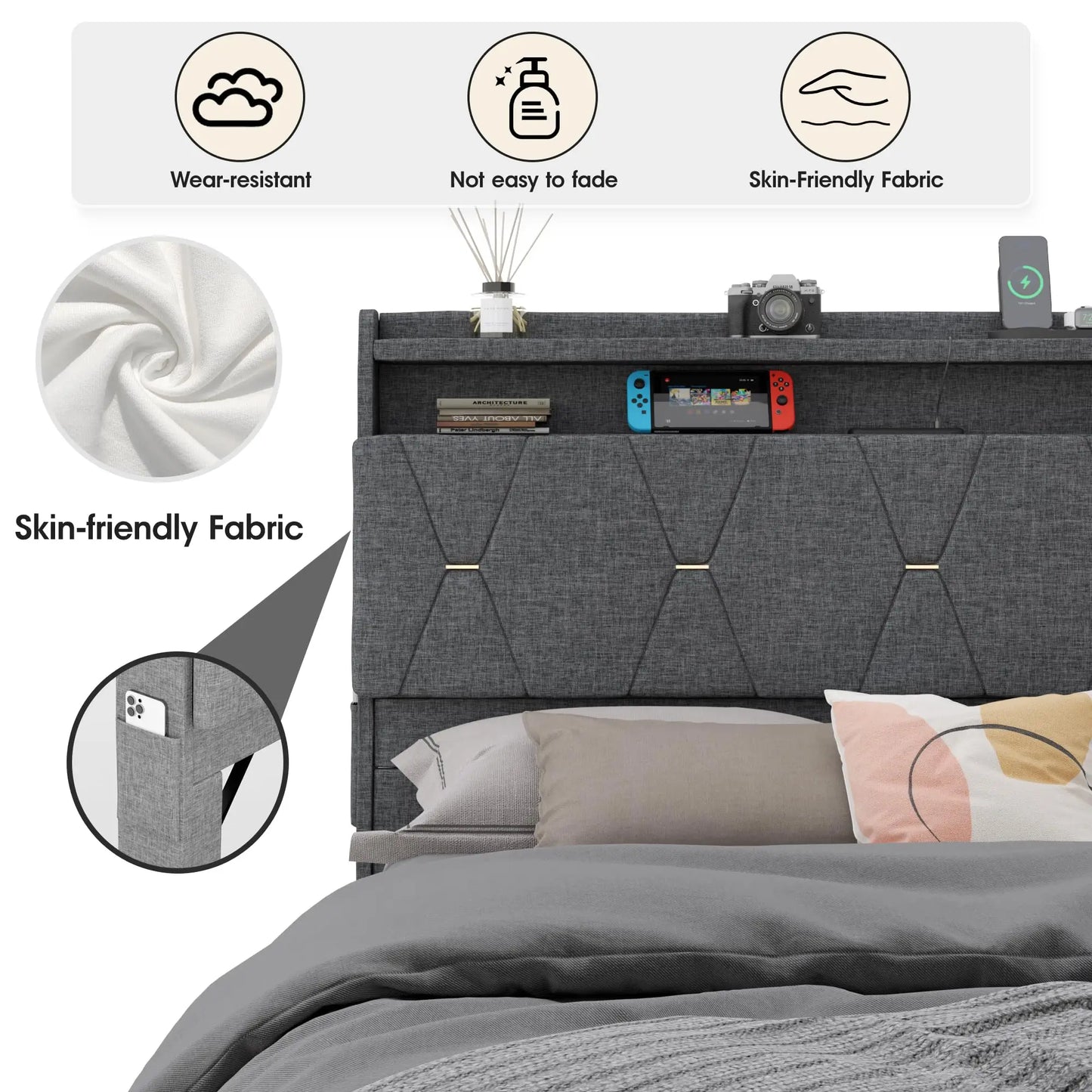 Vabches Lift Up Bed Frame with Storage Headboard&Power Outlet, LED Lights Upholstered Platform Bed Frame for Bedroom Noise-Free