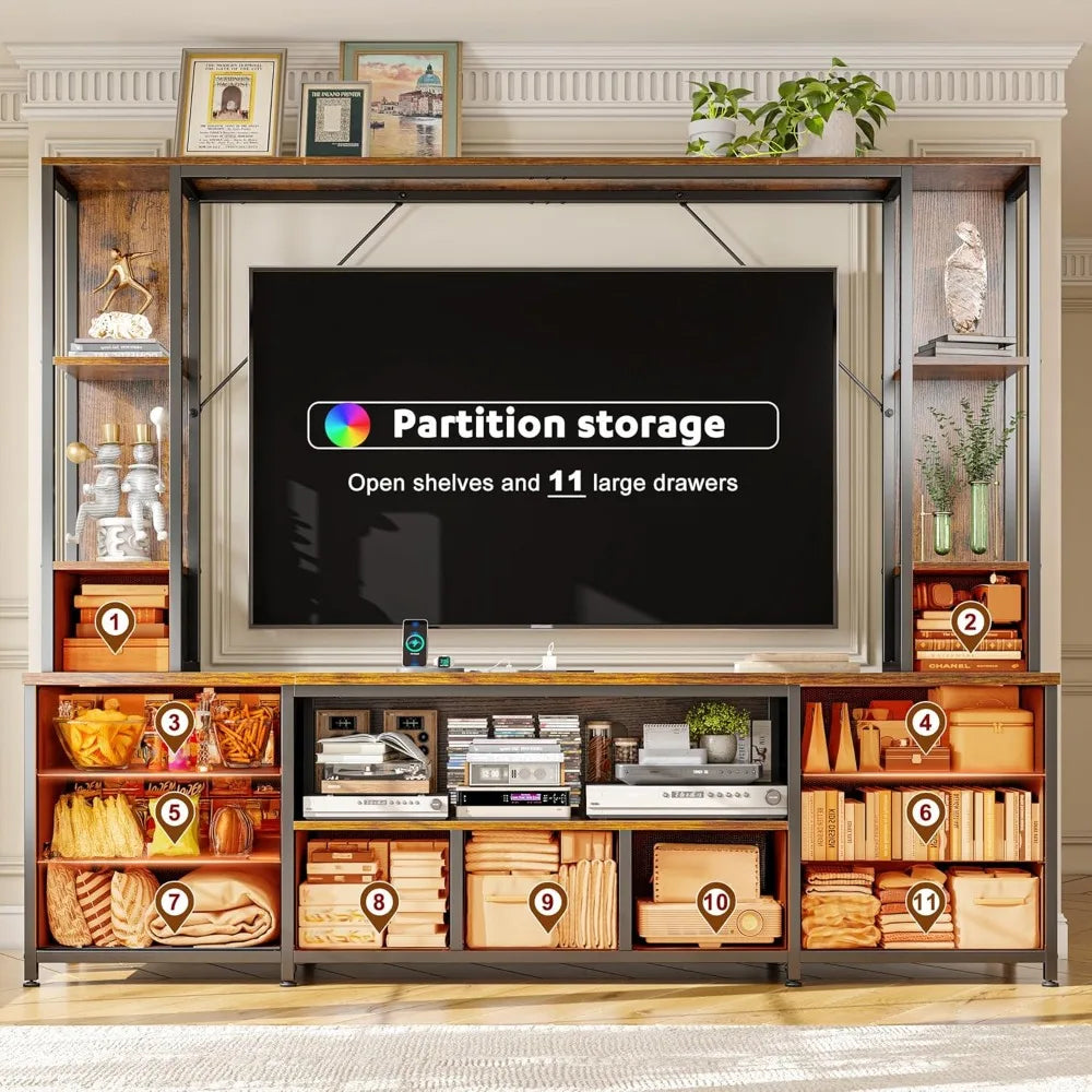 78.6" TV Stand for Living Room, Large Entertainment Center with 11 Fabric Drawers, 2 LED Lights & Power Outlets, Modern
