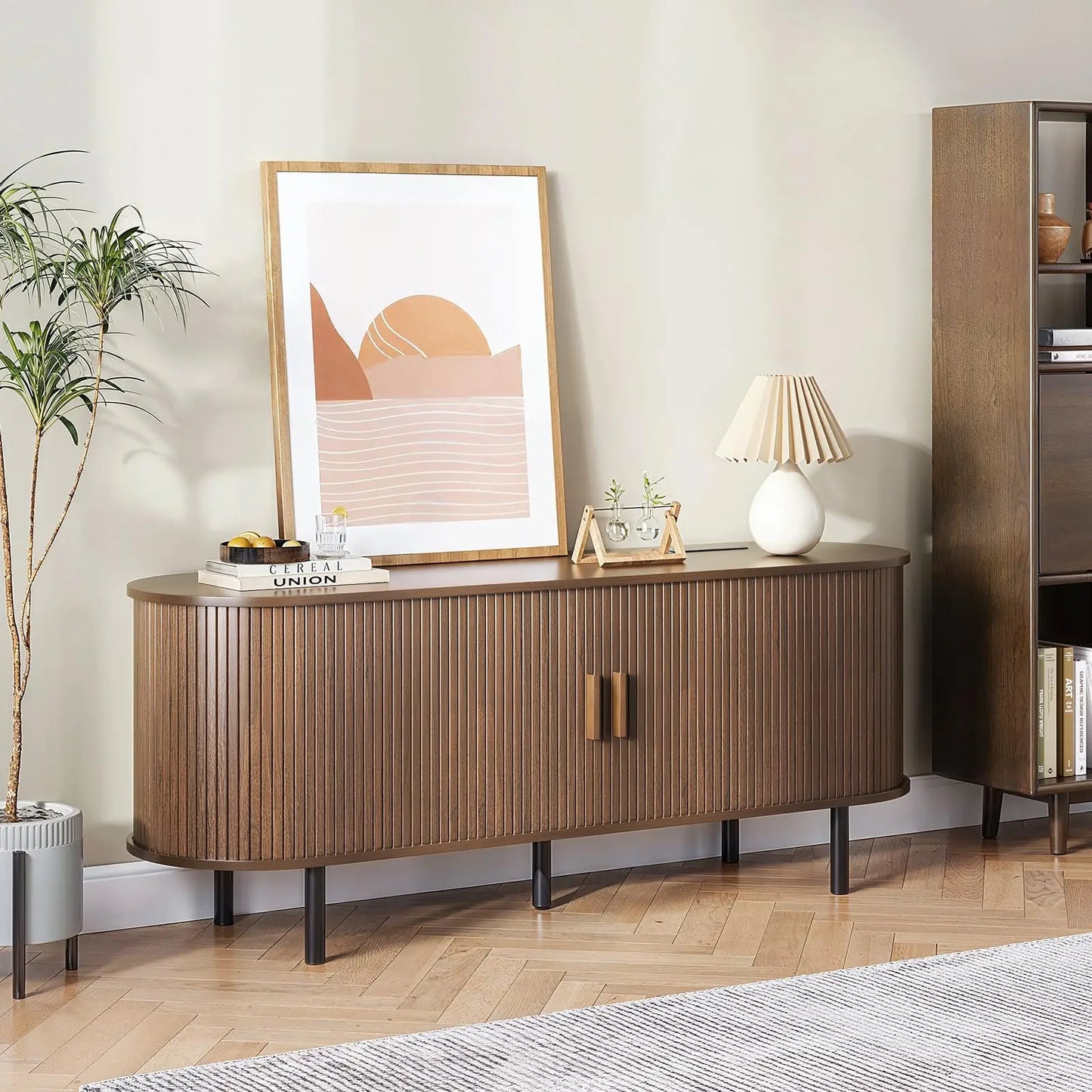Walnut TV Stand With Power Outlet And Sliding Doors