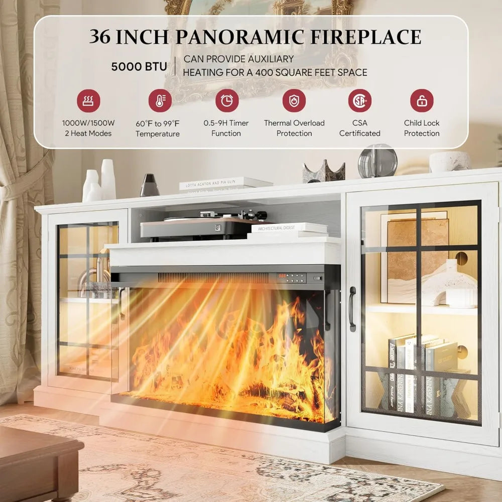 70'' Fireplace TV Stand, Farmhouse Entertainment Center with 3 Sided Glass TV Stand, Modern Media Console Table