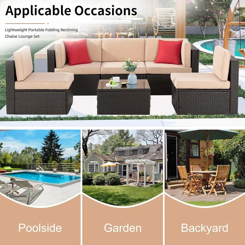 6 Pieces Patio garden furniture sets, PE Rattan Manual Wicker Patio Conversation Set w/Glass Table&Ottoman Cushion and Pillows