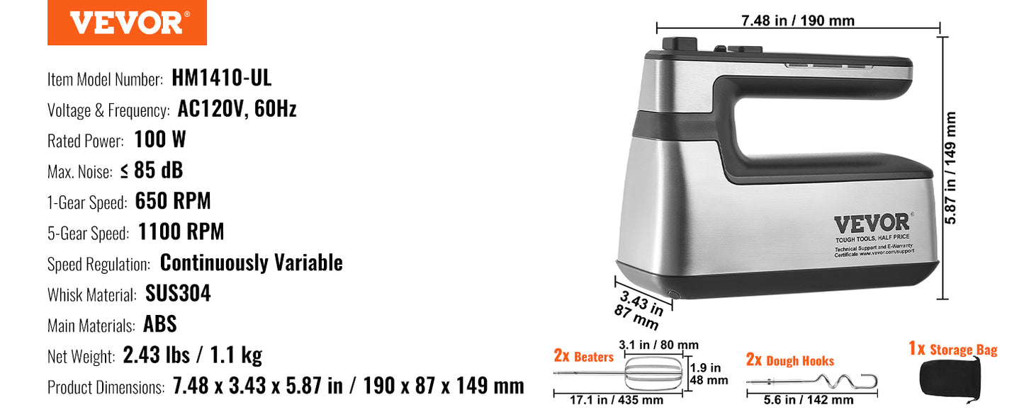 VEVOR Cordless Electric Hand Mixer 5 Gear 1100 RPM