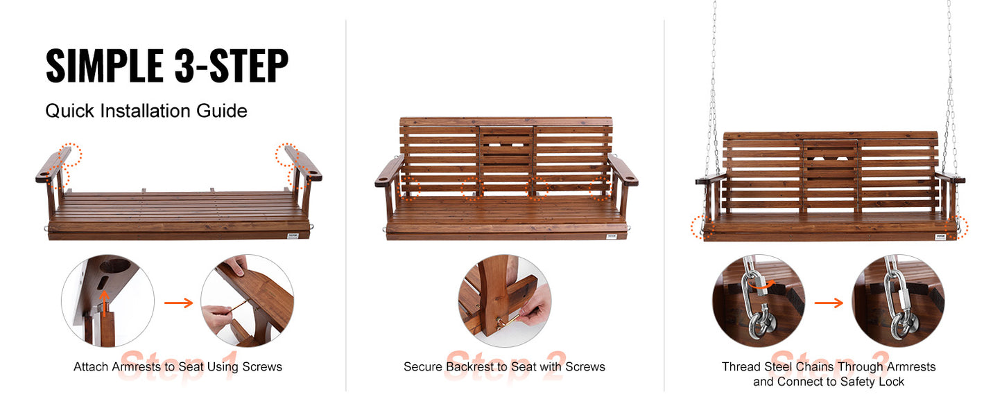 SucceBuy Wooden Porch Swing 5 ft Patio bench swing for Courtyard Garden Upgraded 880 lbs Strong Load Capacity Swing Chair Bench