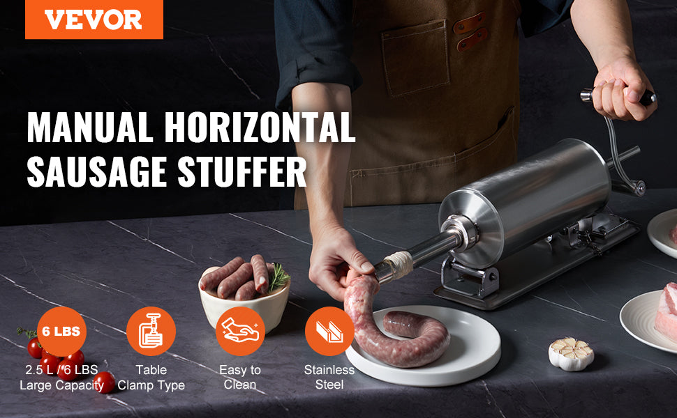 VEVOR 2.5L Manual Sausage Stuffer Made of Food-Grade Stainless Steel & 8 Stuffing Tubes for Home Kitchen Restaurant Commercial
