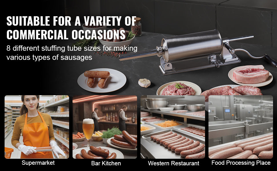 VEVOR 2.5L Manual Sausage Stuffer Made of Food-Grade Stainless Steel & 8 Stuffing Tubes for Home Kitchen Restaurant Commercial