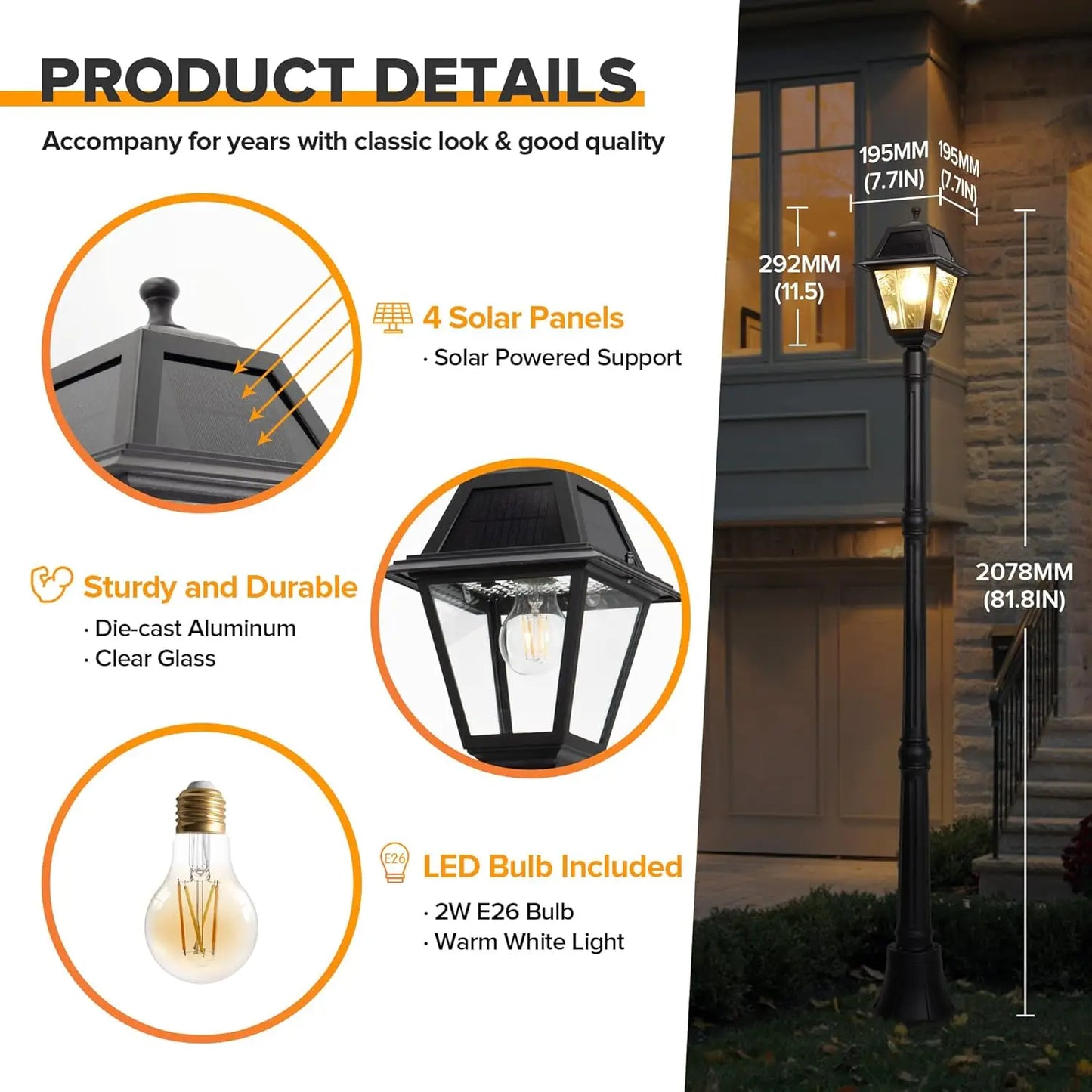 LED Post Solar Light, Dusk to Dawn Vintage Solar Light Street Lights for Garden, Lawn, Pathway, Driveway 200 Lumens 2700K