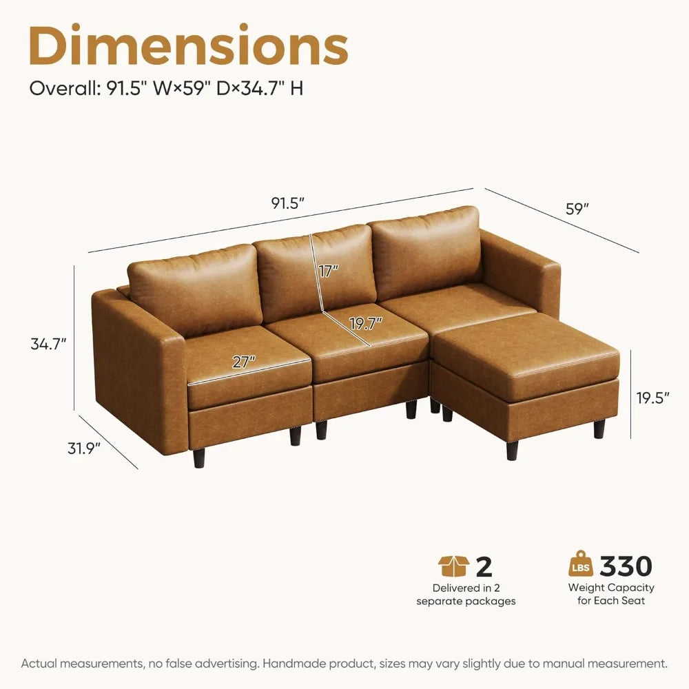 Faux Leather Modular Sectional Sofa, 91.5" L Shaped Couch Set for Living Room, 3-Seater Comfy Cloud