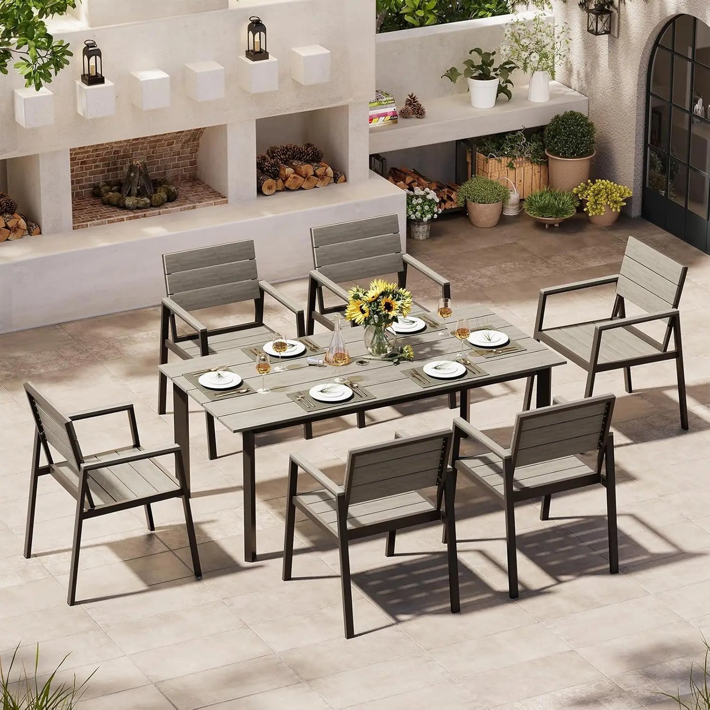 Outdoor Dining Set for 6, Patio Table and Chairs Set with Umbrella Hole, 7 Pieces HDPS