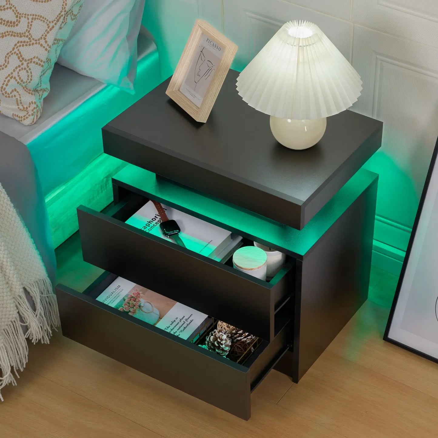 Cubehom LED Nightstands with 2 Drawers, End Table with RGB LED Lights