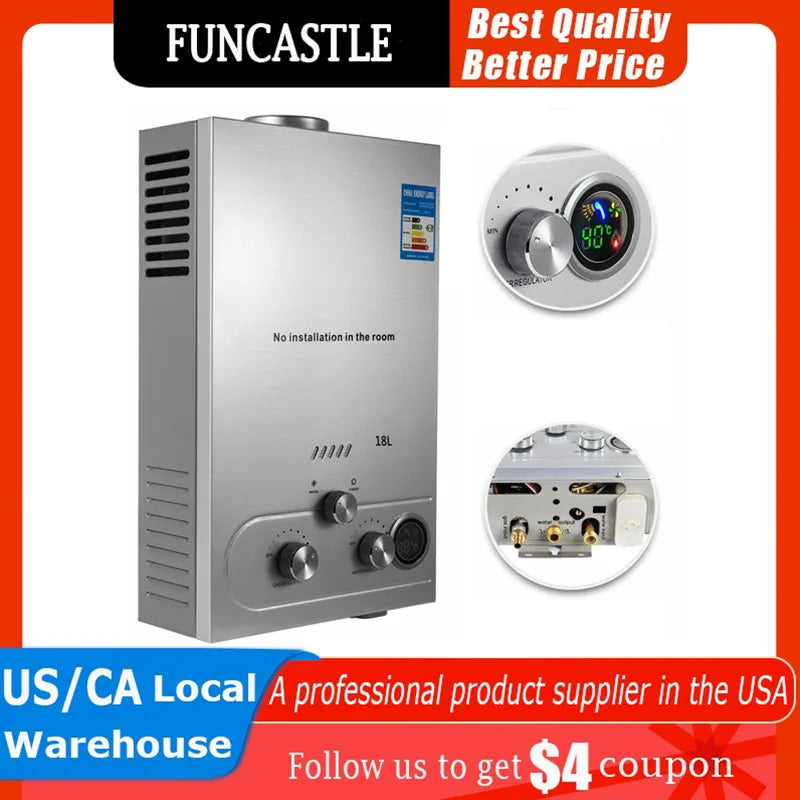18L Hot Water Heater Propane Gas LPG/LNG On-Demand Tankless Water Heater Digital Home Bathroom Shower Head Instant Boil