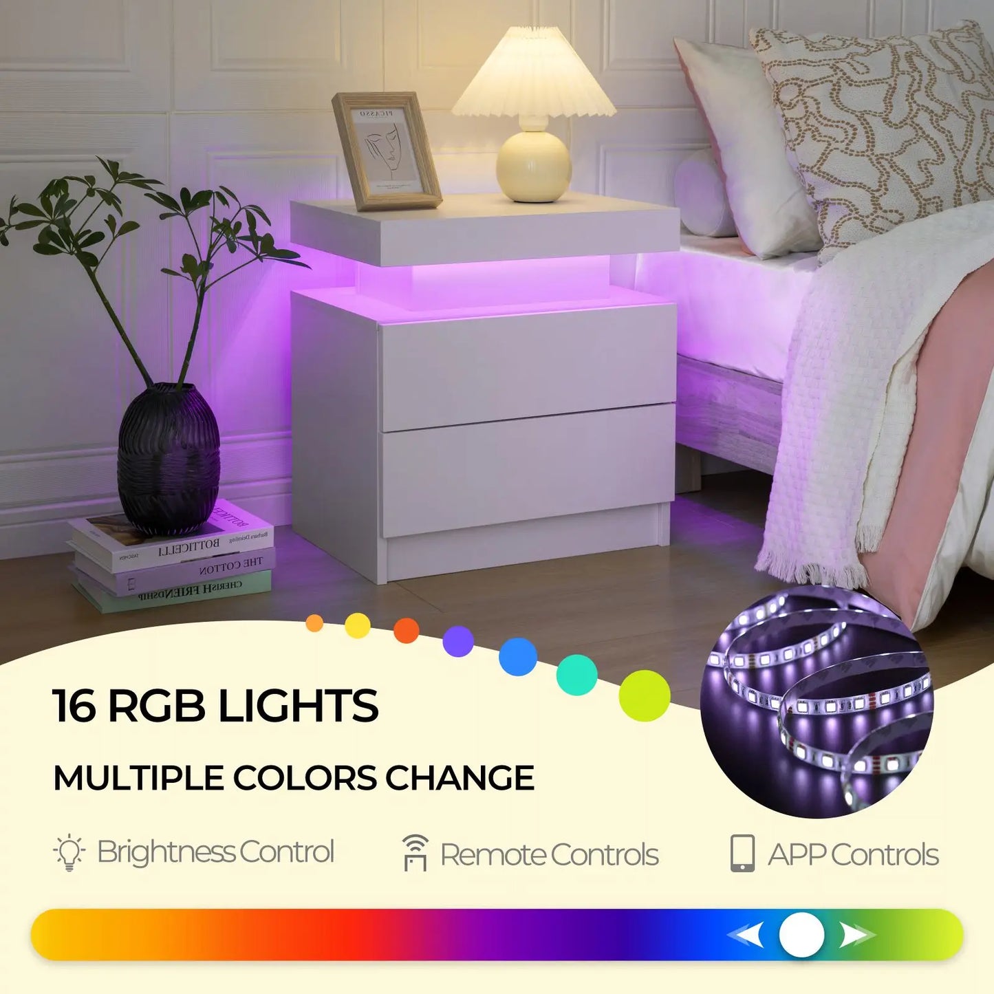 Cubehom LED Nightstands with 2 Drawers, End Table with RGB LED Lights