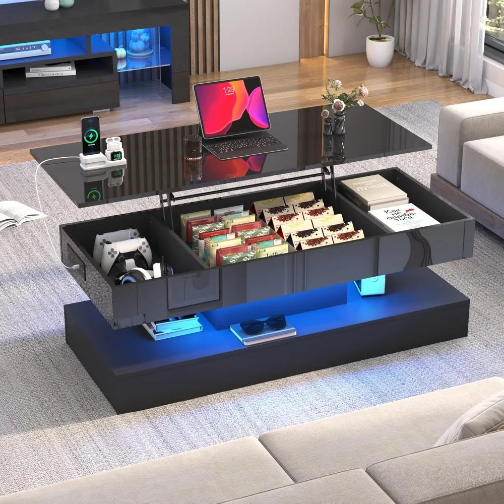 Large Lift Top Coffee Table With Storage LED Black Modern