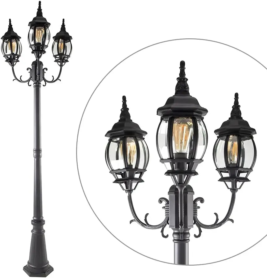 LED Outdoor Post Light with Triple-Head, Hardwired Vintage Street Lights for Lawn Patio Yard Pathway Garden Black Light Po