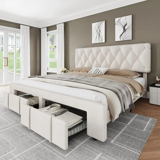 Bed Frame Storage Drawers, Mattress Foundation with Solid Wooden Slats Support, No Box Spring Needed