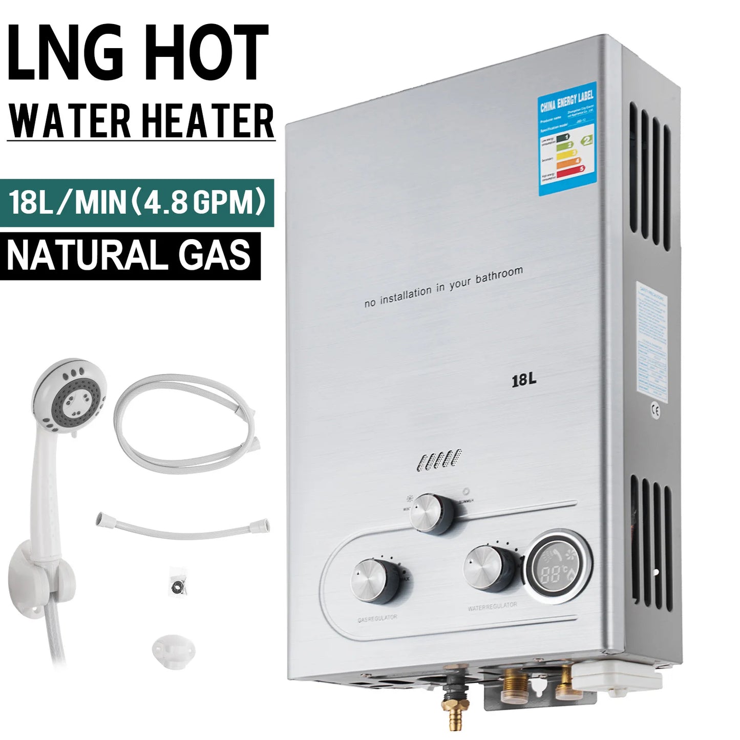 18L Hot Water Heater Propane Gas LPG/LNG On-Demand Tankless Water Heater Digital Home Bathroom Shower Head Instant Boil