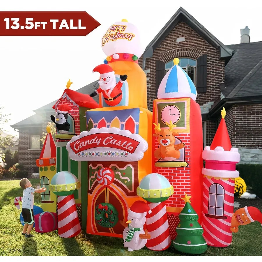13.5 FT Tall Candy Castle Christmas Inflatables Outdoor Decorations with Built in Rotating Light