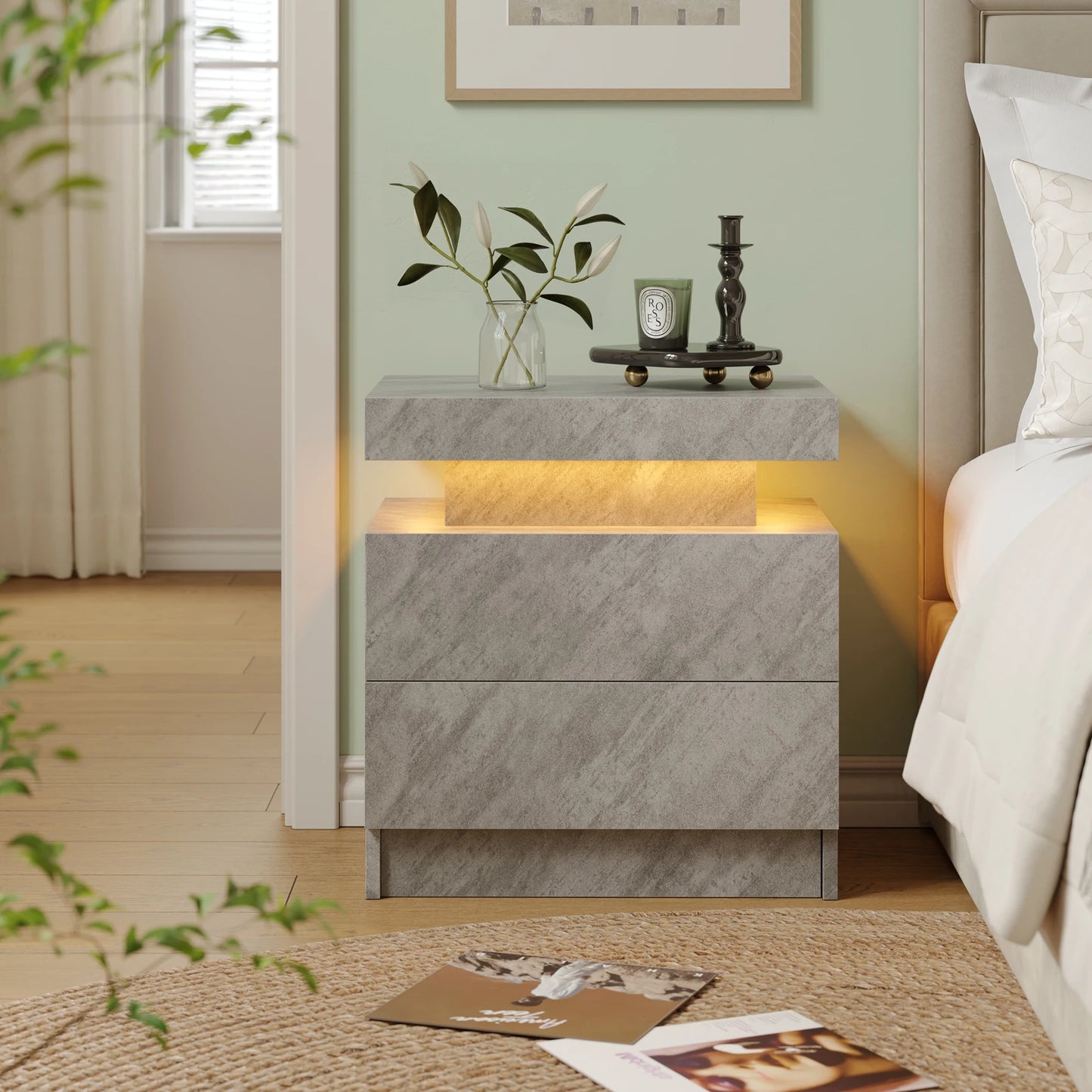 Cubehom LED Nightstands with 2 Drawers, End Table with RGB LED Lights