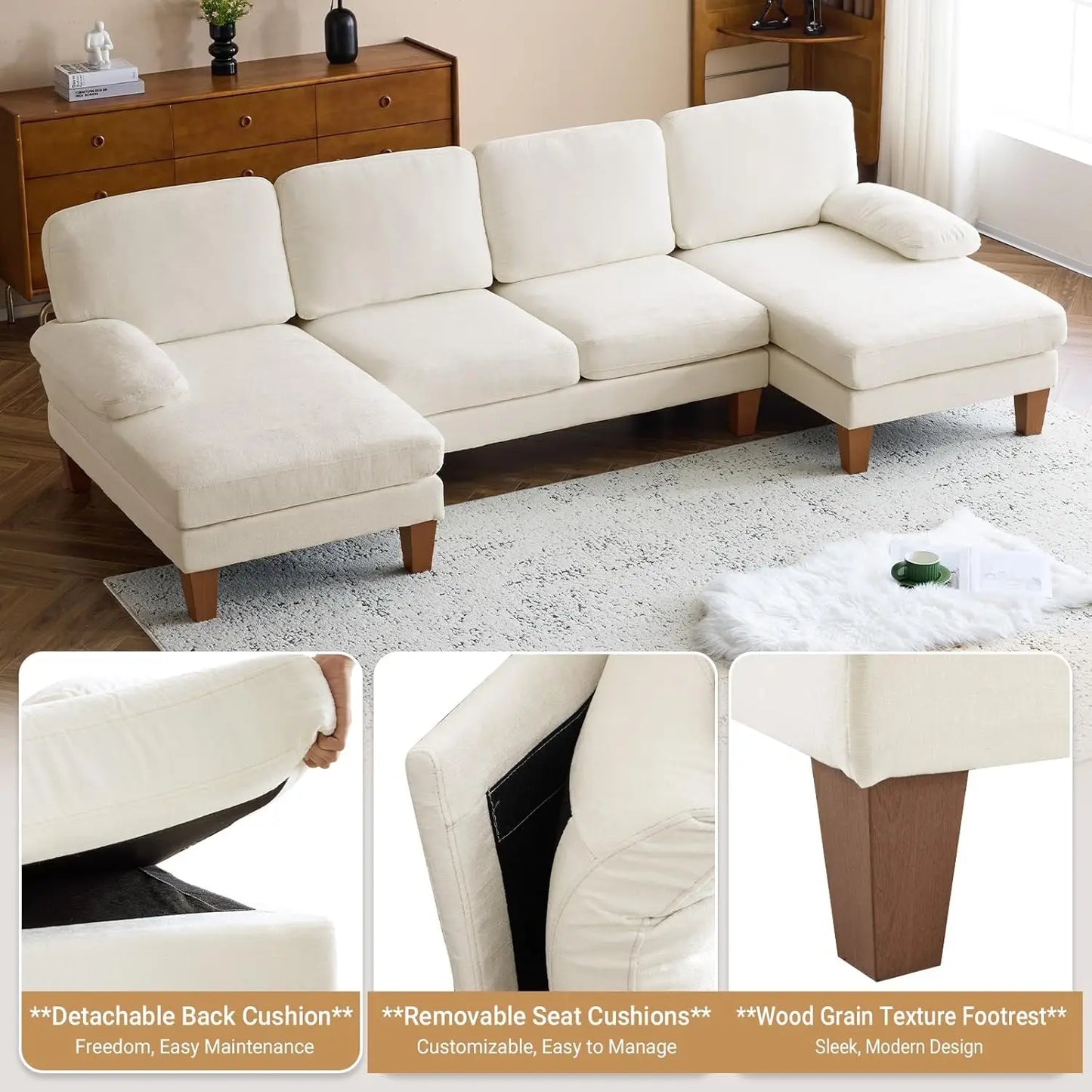 110" Sectional Couches for Living Room U Shaped Couch with Double Chaise 4-Seat Sofa Set with Chenille Fab